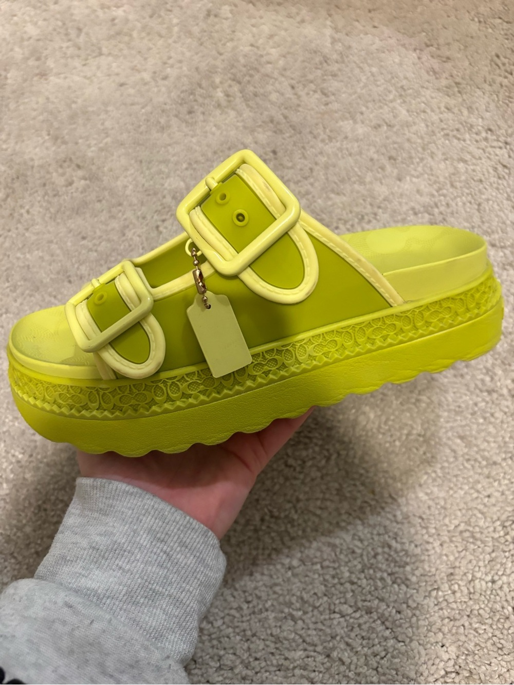 Coach Kids Neon Lime Double Buckle Slide Sandals - Picture 2 of 5